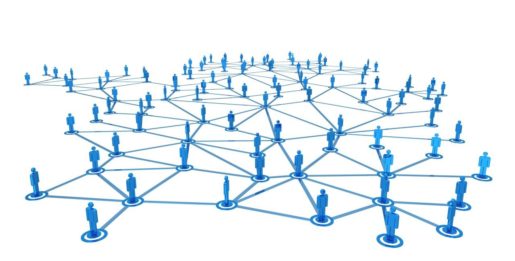 Blue pinned people are scattered over a landscape with lines tying them together, illustrating the power of networks.