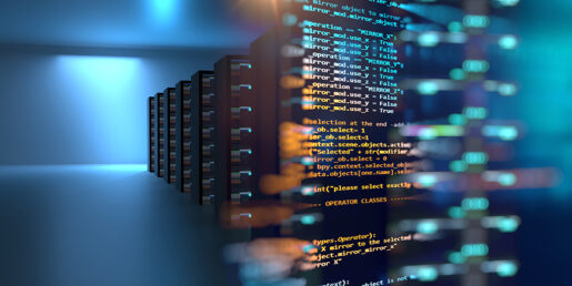 Rows of shelves in a tech space with 3D visible coding.