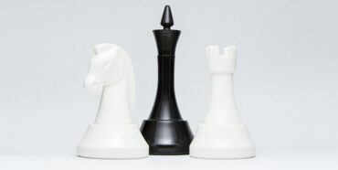 One black queen cheese piece sits between a white knight and a rook.