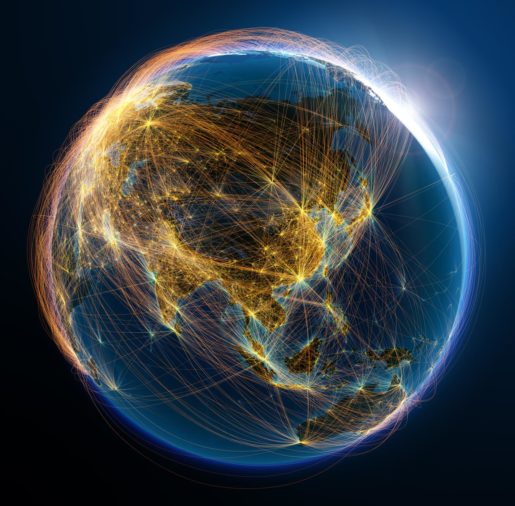 Picture of the earth from space with lights connecting major cities.