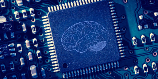 Depiction of a brain in blue, hooked up to a circuit board.