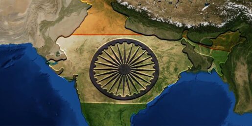 An image of India on a world map filled in with the Indian flag color scheme.