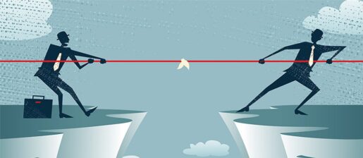 Two cartoon images of individuals pulling a tug of war.