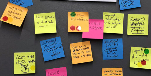 Various multi colored Post Its stuck to a blackboard.