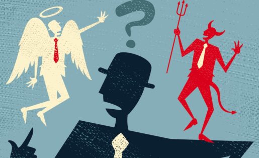 A cartoon image of an individual with an angel and devil on their shoulders.