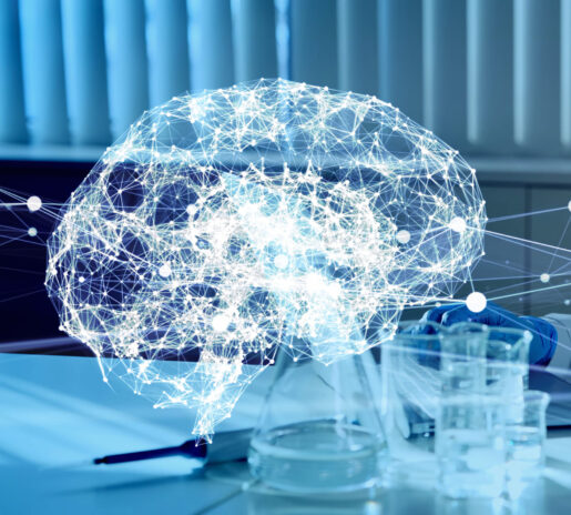 The image of a brain is projected into space by a person wearing a white lab coat, illustrating the use of technology to understand the brain.
