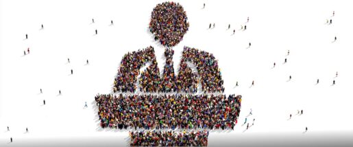 An abstract image of someone standing at a podium.