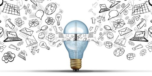 Light bulb with ideas floating out.