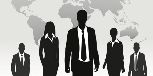 Five drawings of individuals in black and white standing in front of a background containing the continents.