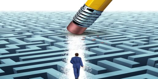 An image of a pencil eraser laying a pathway for an individual to walk.