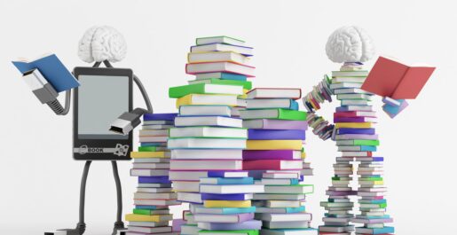 Figures constructed out of stacked books.