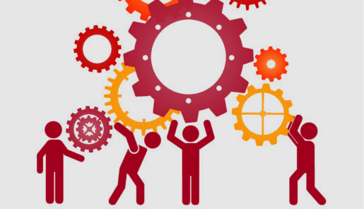 Cartoon image of individuals lifting gears typically seen inside a clock.