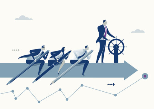 An animation of individuals wearing classic work attire while steering a ship.