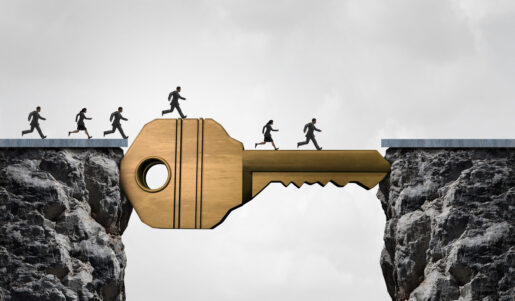 An image of a key functioning as a bridge with stick figures running across.