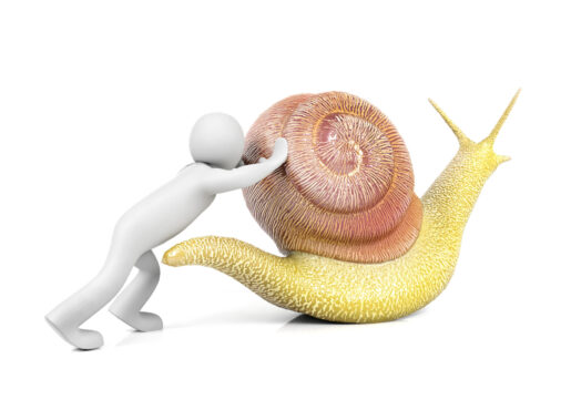 A cartoon image of an individual pushing a snail.