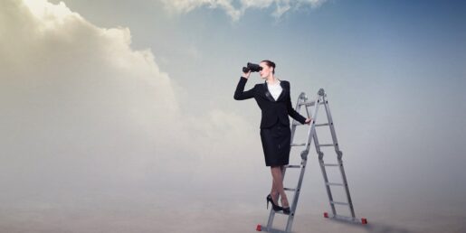 An image of a woman standing on a ladder looking outwards with a pair of binoculars.