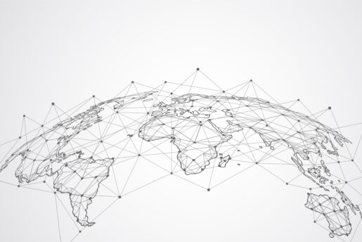 Black and white etching of a globe with alliances sketched out with networked lines.