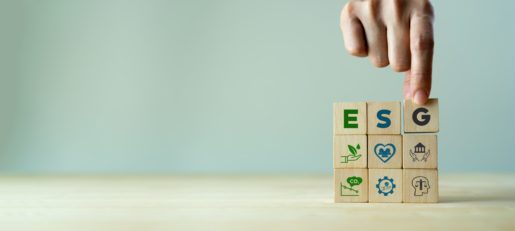 Six blocks are placed on top of each other with decorative images suggesting different pieces of ESG.