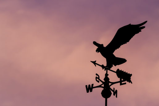An eagle lands on a weathervane against dark skies.