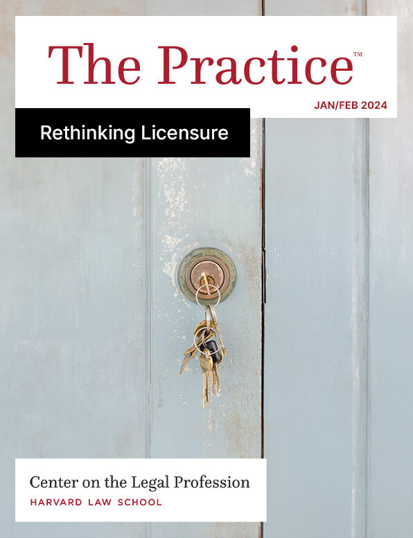 Cover of The Practice for Rethinking Licensure shows a key in a lock on a door.