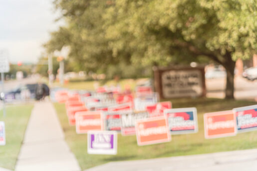 Political signs dot the sidewalk.