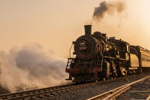 A steam train comes barreling down a railroad.